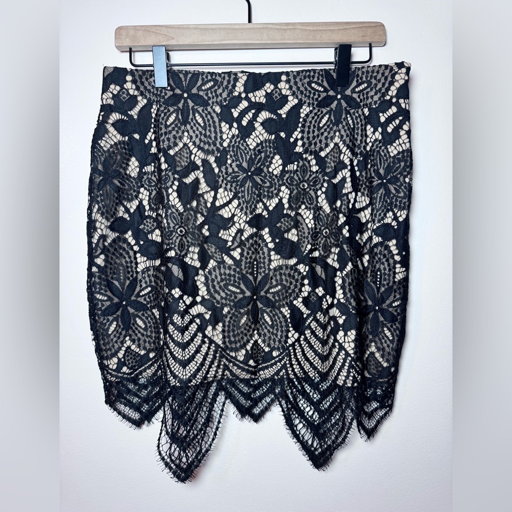 Whimsygoth Black Intricate Floral Lace Scalloped Hem Skirt w/ Nude Lining - 10